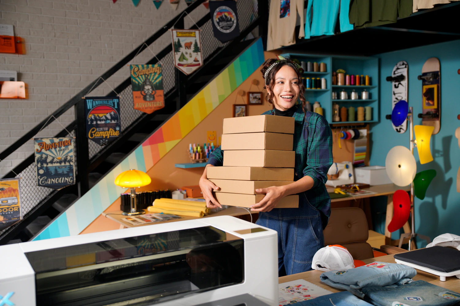 A maker carrying shipping boxes in a production studio