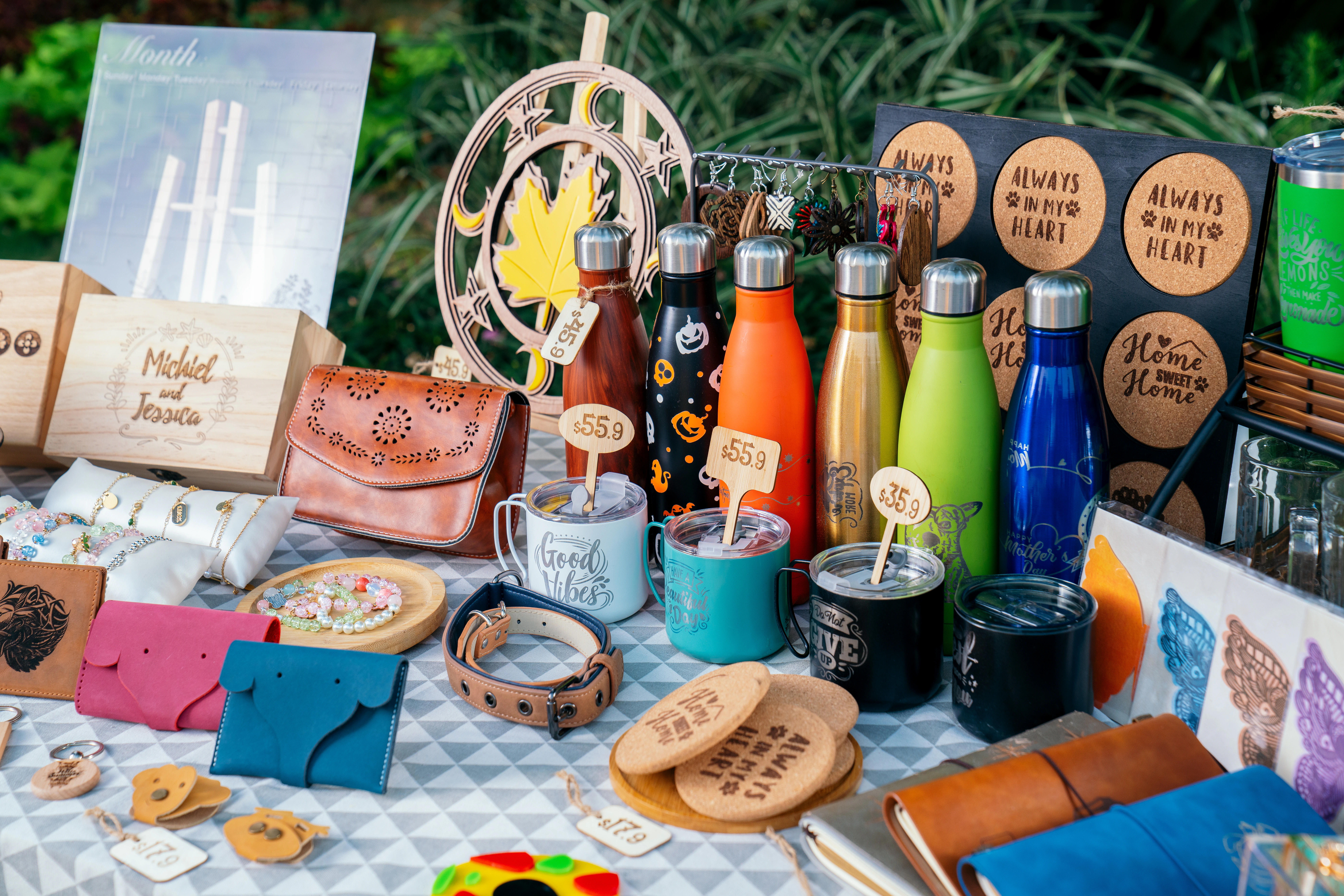 Personalized goods displayed on a craft-fair table