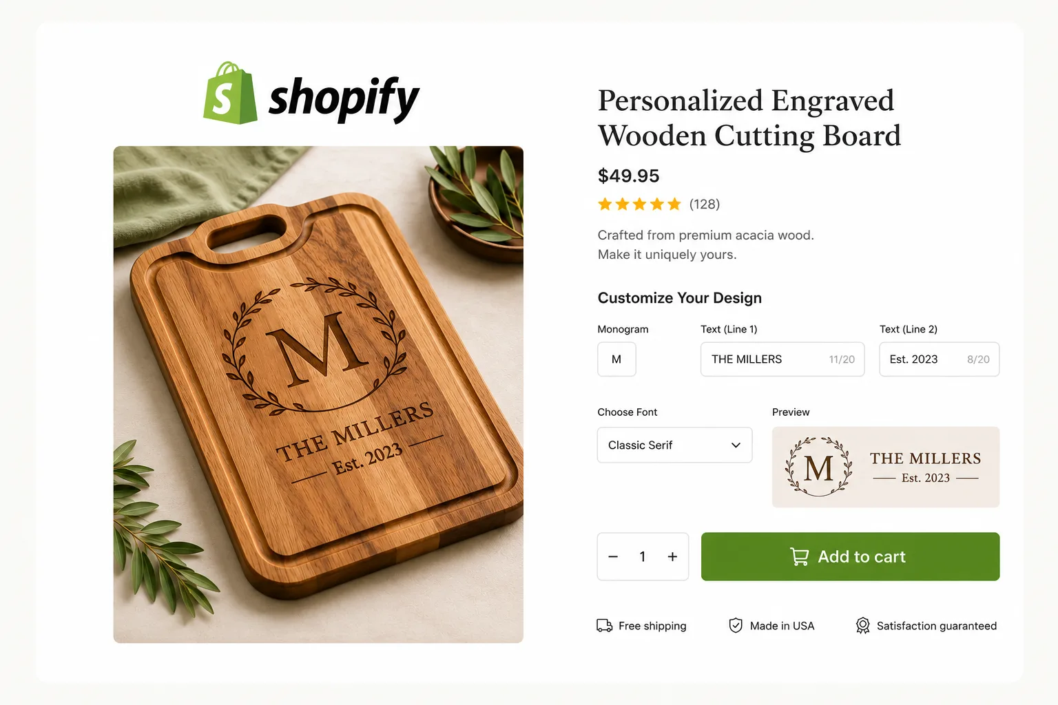 Shopify product page with the Customthings live customizer