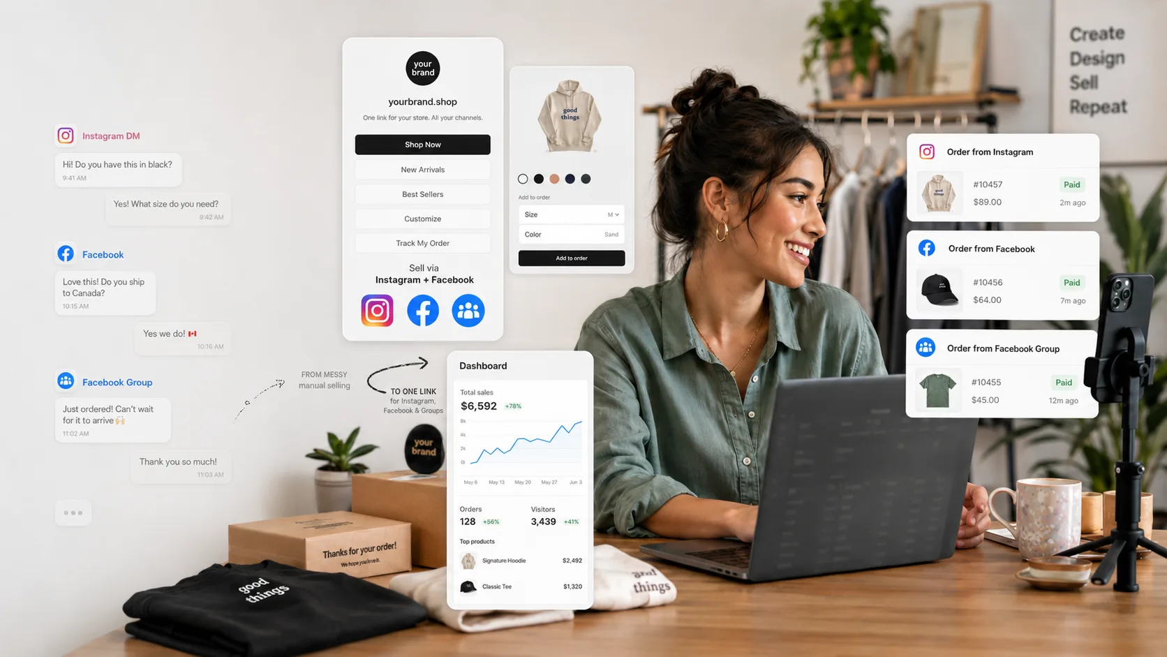 Selling custom products to social media followers from a laptop